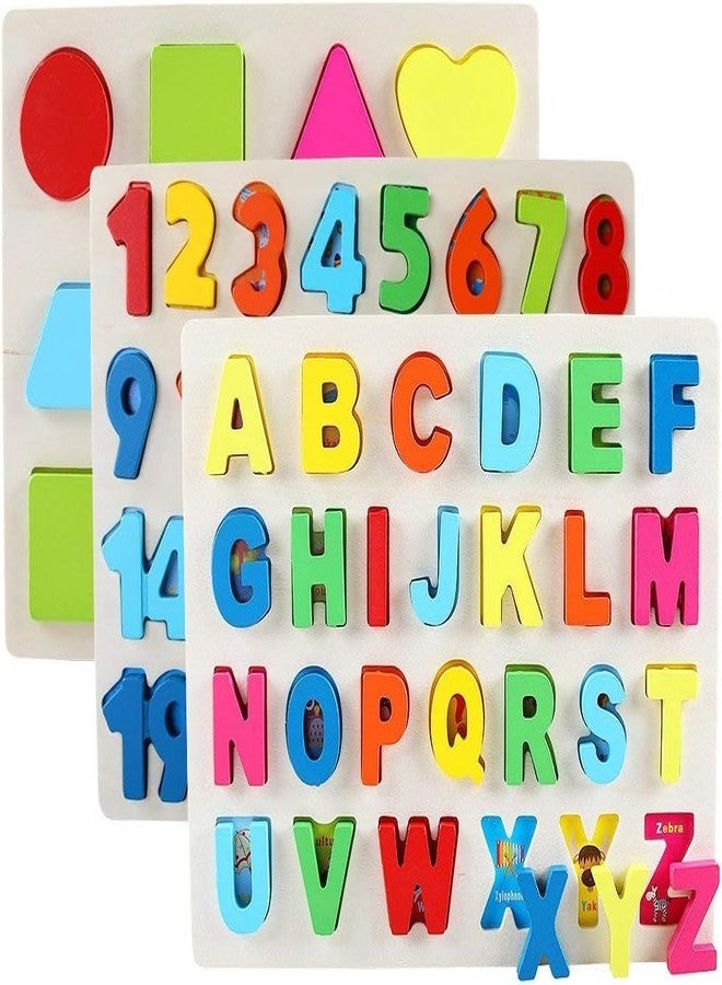 Rexez Wooden Puzzles for Toddlers, Wooden Alphabet Number Shape Puzzles Toddler Learning Puzzle Toys for Kids, 3 in 1 Puzzle for Toddlers, Age 3+ (Set of 3) - Image 4